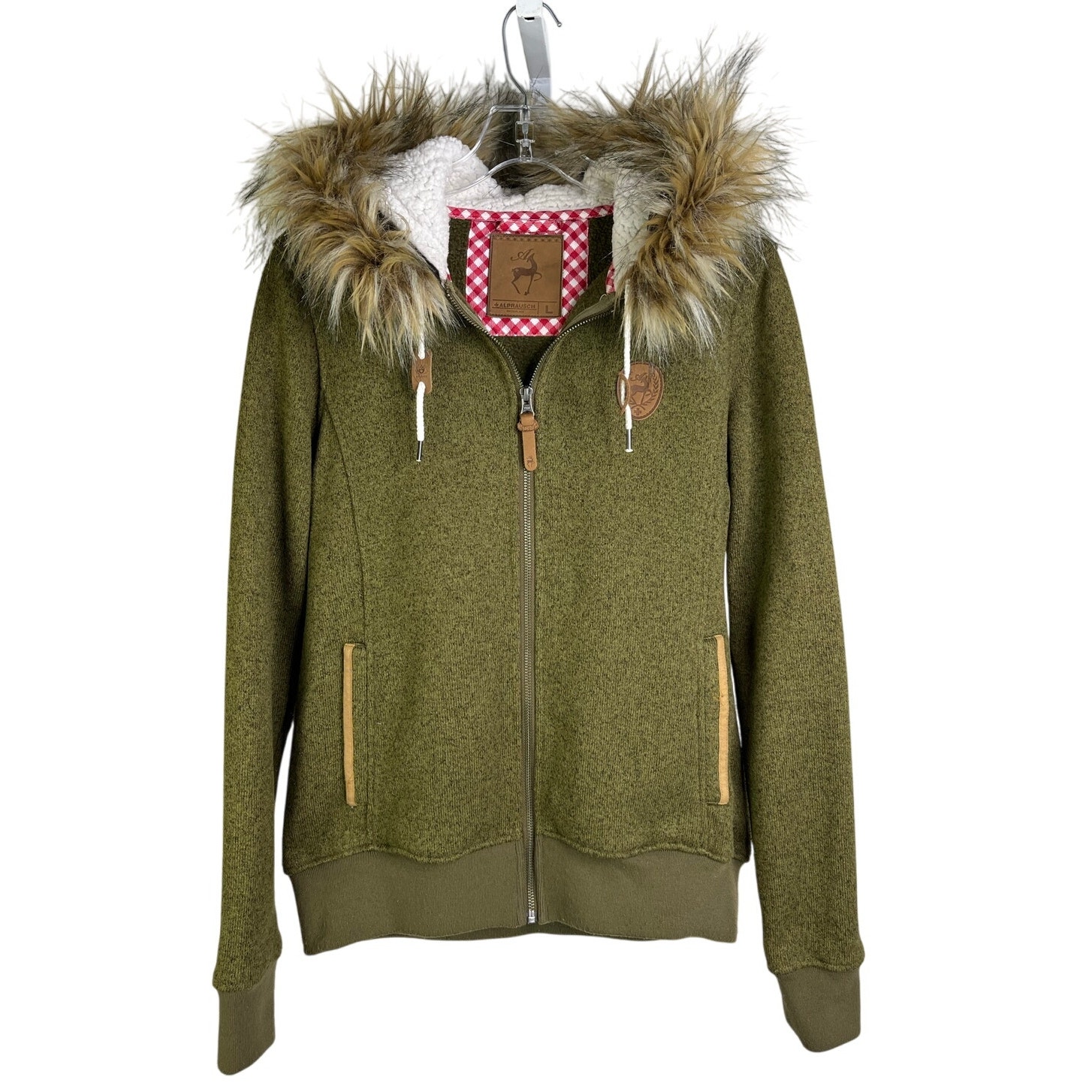 Alprausch Jacket Womens L Olive Green Faux Fur Hoodie Euro Hiking Swiss Made